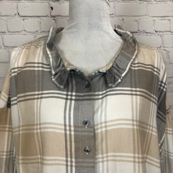 NWT Ann Taylor Gray Tan Plaid Buttondown Shirt Size XL - Picture 4 of 9